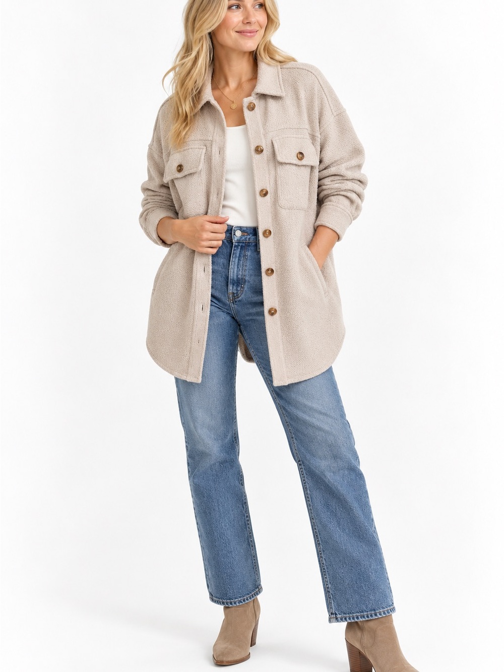 saltwater LUXE Cream Teddy Shacket with Button Front
